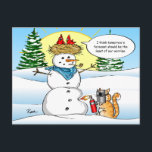 Funny Cat Christmas Postcards | Tabby Snowman<br><div class="desc">Send out funny Christmas postcards to friends and family with a personalized touch! This unique illustration by Raphaela Wilson depicts an orange tabby cat with a blowtorch melting down frosty the snowman to get to the red cardinals atop in their cozy nest. One cardinal bird says to the other: "I...</div>