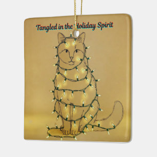 Funny Cat Christmas Tangled in Lights Ceramic Ornament