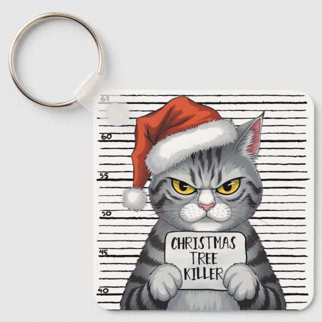 Funny Cat Christmas Tree Killer Keychain (Front)