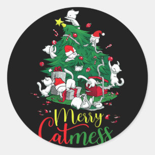 Funny Cat Christmas Tree Merry Catmess Cats Lover  Classic Round Sticker