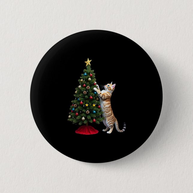 Funny Cat Christmas Tree Xmas Gifts Men Women Kids 2 Inch Round Button (Front)