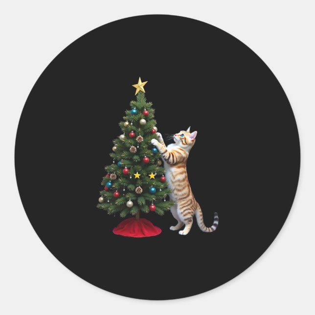 Funny Cat Christmas Tree Xmas Gifts Men Women Kids Classic Round Sticker (Front)