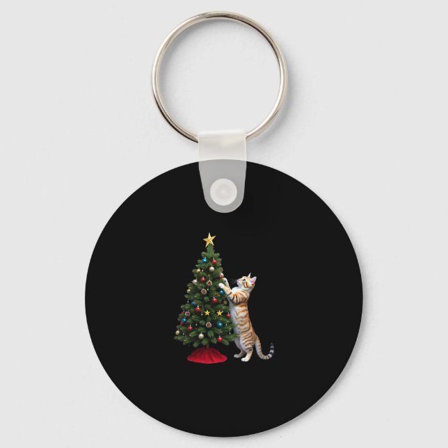 Funny Cat Christmas Tree Xmas Gifts Men Women Kids Keychain (Front)