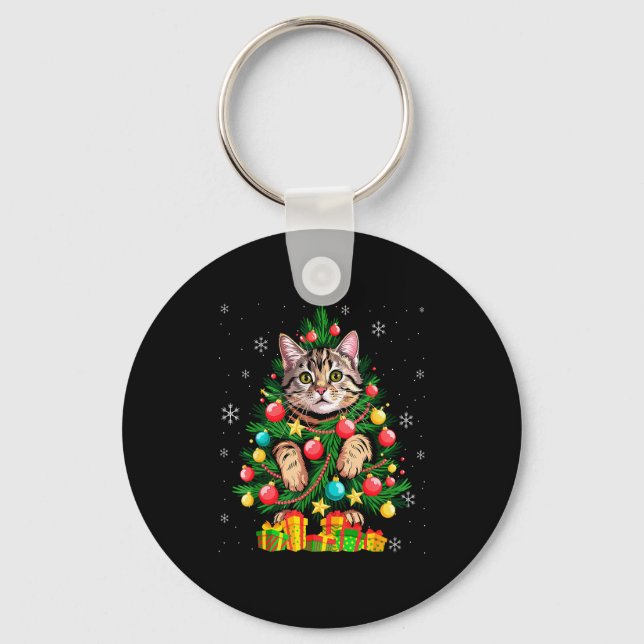 Funny Cat Christmas Tree Xmas  Keychain (Front)