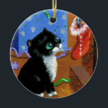 Funny Cat Christmas Tuxedo Kitten Mouse Ceramic Ornament<br><div class="desc">Original artwork by Lisa Adams.  Her work can be found on Ebay,  Etsy,  and Zazzle,  under the name Creationarts.</div>