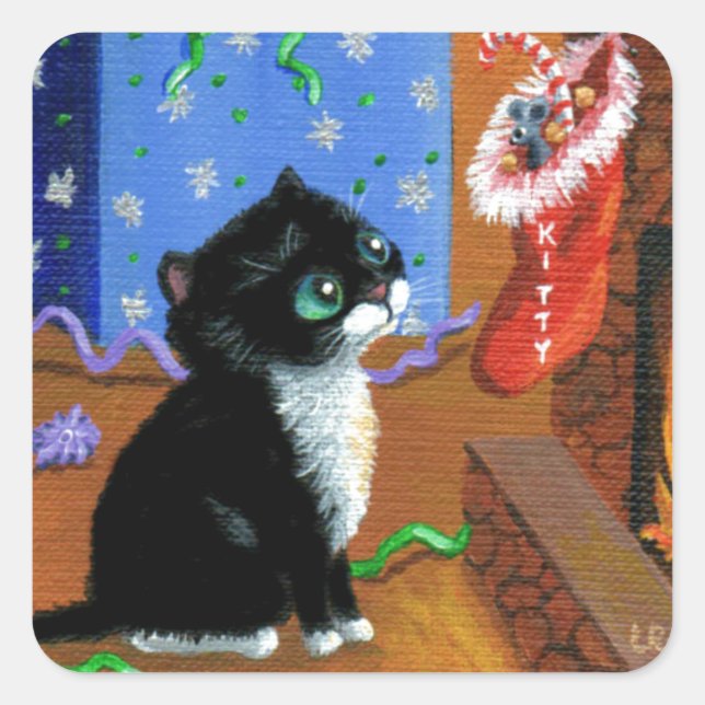 Funny Cat Christmas Tuxedo Kitten Mouse Square Sticker (Front)