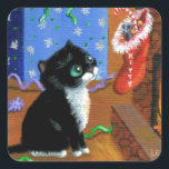Funny Cat Christmas Tuxedo Kitten Mouse Square Sticker<br><div class="desc">Original artwork by Lisa Adams.  Her work can be found on Ebay,  Etsy,  and Zazzle,  under the name Creationarts.</div>