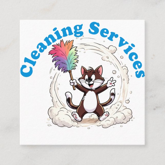 Funny Cat Cleaning with Colourful Feather Brusht Calling Card (Front)