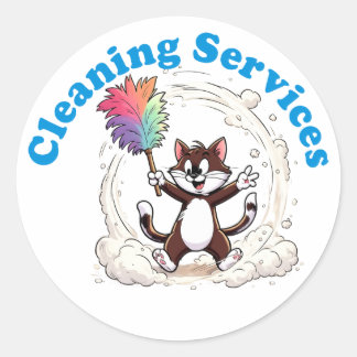 Funny Cat Cleaning with Colourful Feather Brusht Classic Round Sticker