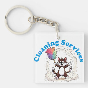 Funny Cat Cleaning with Colourful Feather Brusht Keychain