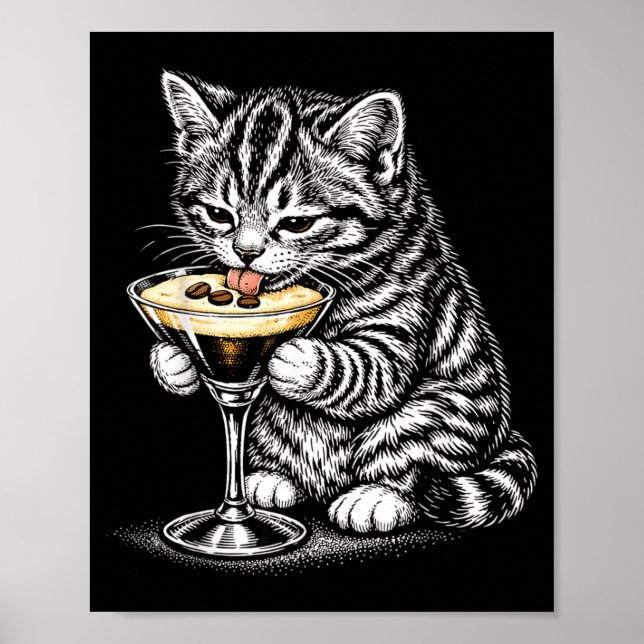 Funny Cat Coffee Tail Black Ink Kitten Art Poster (Front)