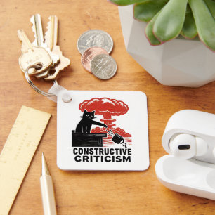 Funny Cat Constructive Criticism Linocut Meme Keychain