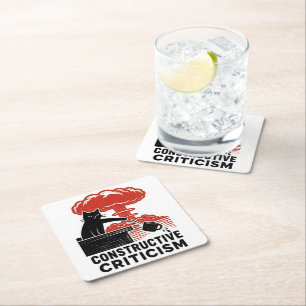 Funny Cat Constructive Criticism Linocut Meme Square Paper Coaster