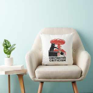 Funny Cat Constructive Criticism Linocut Meme Throw Pillow