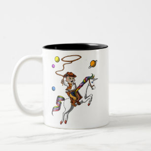 Funny Cat Cowboy Riding Unicorn Outer Space Two-Tone Coffee Mug