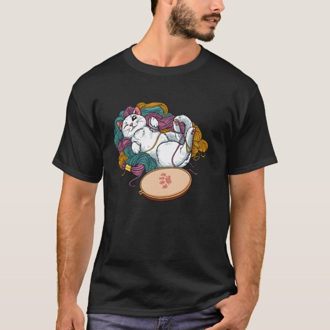 Funny Cat Cross Stitch T-Shirt (Front)