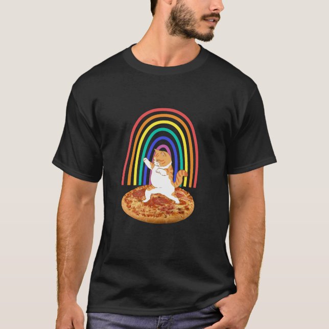 Funny cat dancing on pizza rainbow T-Shirt (Front)