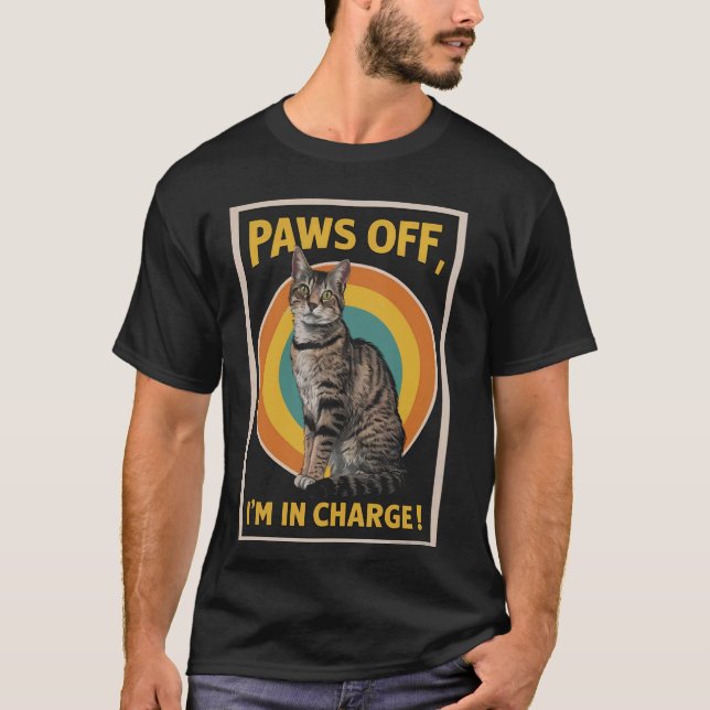 Funny Cat Design Paws Off I'm Charge Bengal Cat T-Shirt (Front)