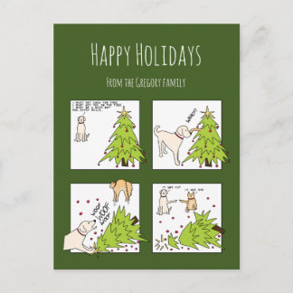 Funny Cat Dog Cartoon Green Christmas  Holiday Postcard
