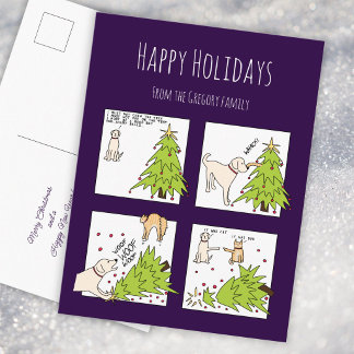 Funny Cat Dog Cartoon Purple Christmas  Holiday Postcard