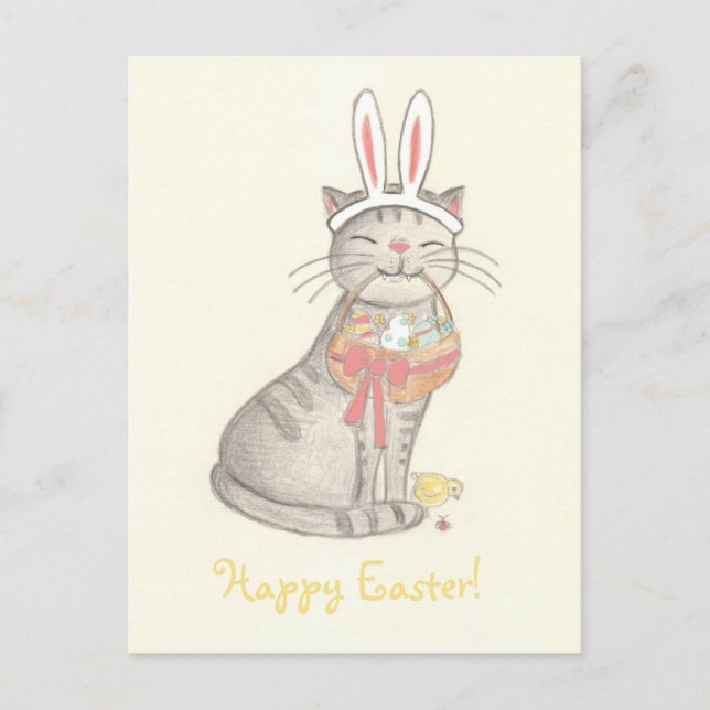 Funny Cat Drawing/ Happy Easter Postcard (Front)