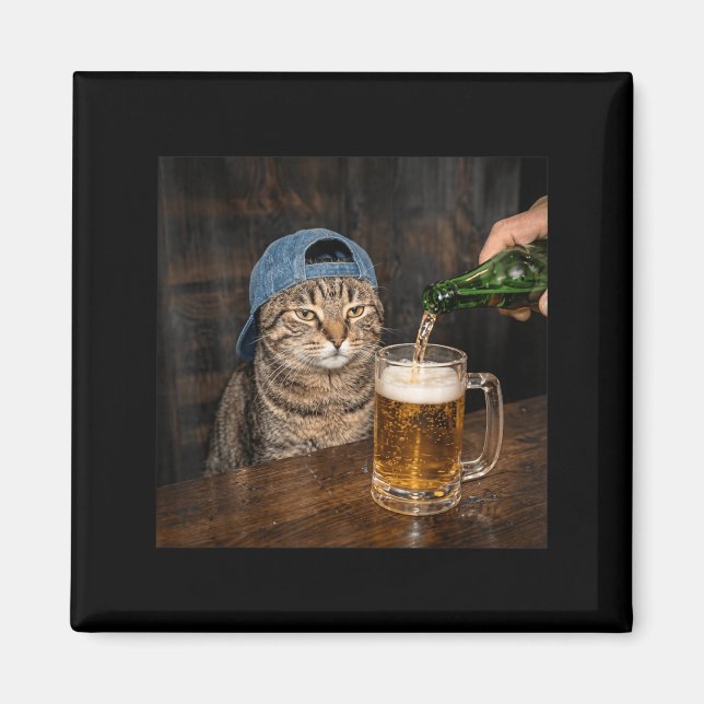 Funny Cat Drinking Beer Hat Graphic Unimpressed Magnet (Front)