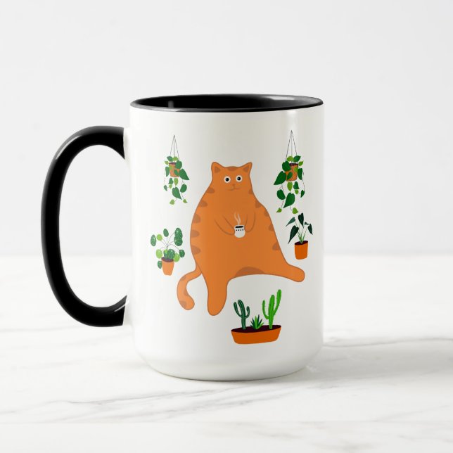 Funny Cat Drinking Coffee Mug, Cat With Plants Mug (Left)