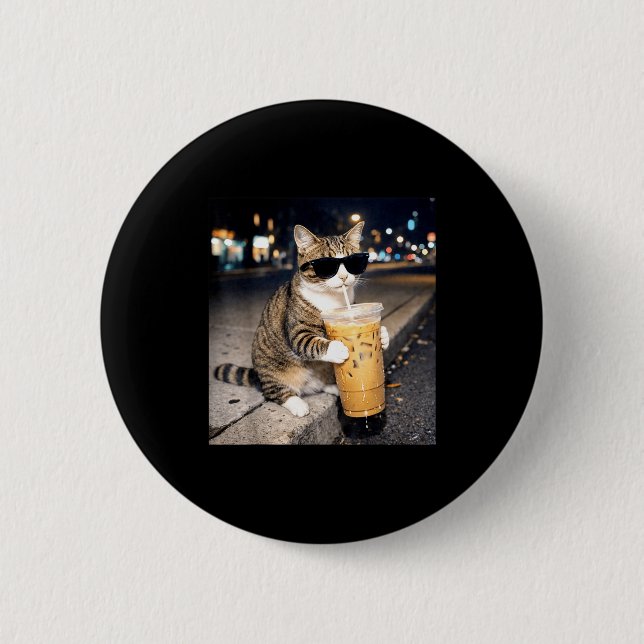 Funny cat drinking iced coffee animal meme for men 2 inch round button (Front)