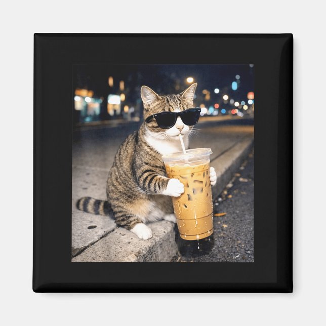 Funny cat drinking iced coffee animal meme for men magnet (Front)