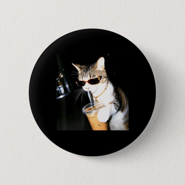 Funny Cat Drinking Iced Coffee Humour Meme Kitten 2 Inch Round Button (Front)