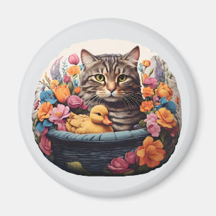 Funny Cat & Duck In A Basket With Flowers Magnet