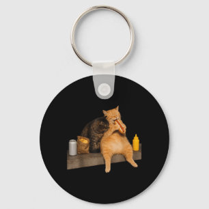 Funny Cat Eating Hot Dog Vintage Cat Men Women Keychain