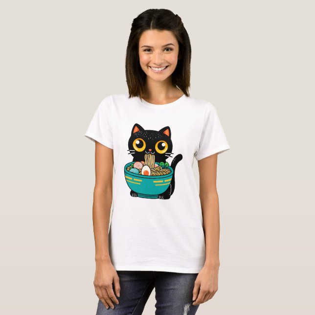 Funny Cat Eating Ramen Japanese Cat Ramen Noodles T-Shirt (Front Full)