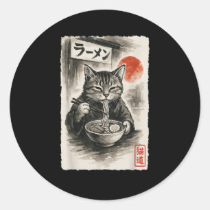 Funny Cat Eating Ramen Noodles Sumi-e Japanese Kaw Classic Round Sticker