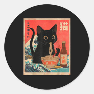 Funny Cat Eating Ramen Vintage Japanese Cat Dad Gr Classic Round Sticker