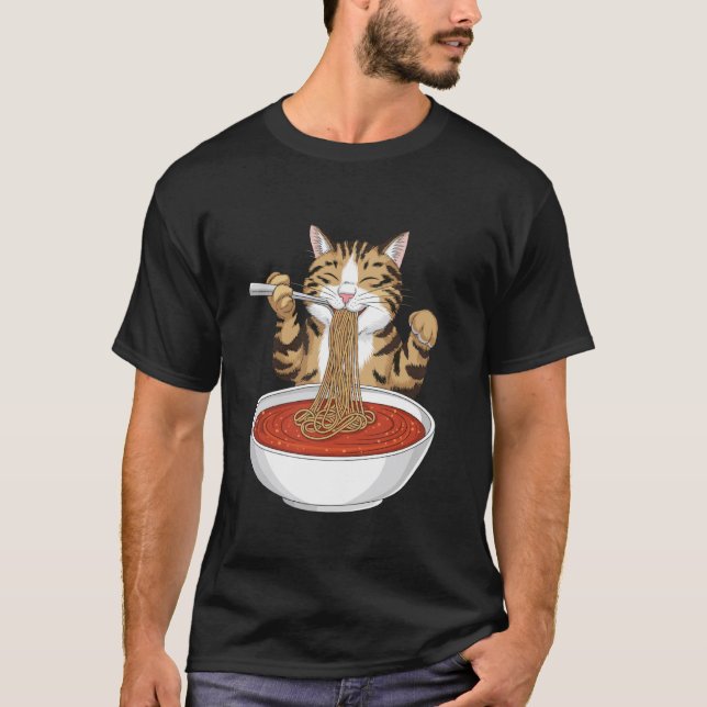 Funny Cat Eating Spaghetti Meme T-Shirt (Front)