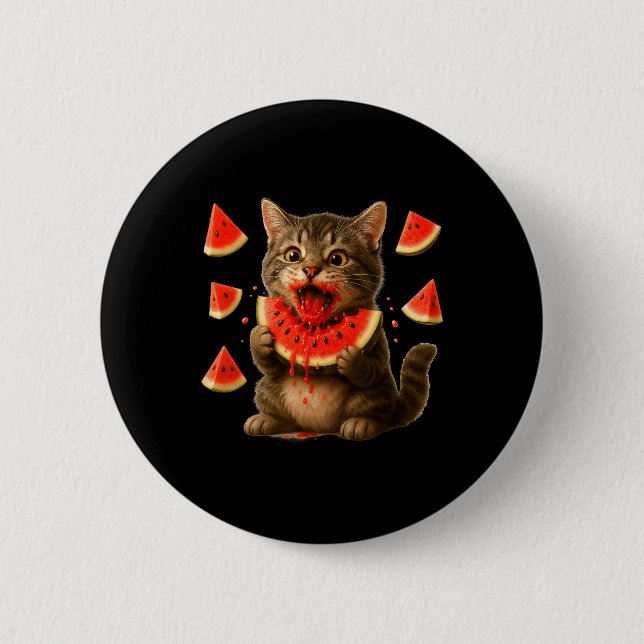 Funny Cat Eating Watermelon Slice Watermelon Day S 2 Inch Round Button (Front)