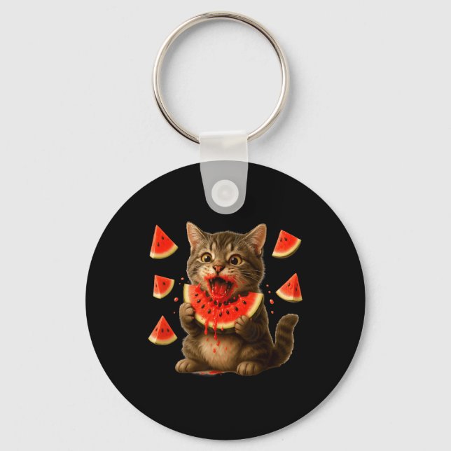 Funny Cat Eating Watermelon Slice Watermelon Day S Keychain (Front)