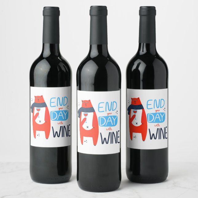 Funny Cat End Your Day With Wine Label (Bottles)