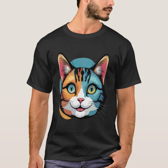 Funny Cat Face Drawing Artistic Graphic T-Shirt (Front)