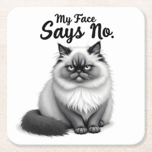 Funny Cat Face Illustration – Minimal Cute Cat Art Square Paper Coaster