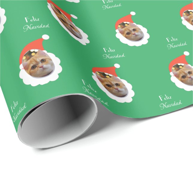 Funny Cat Face Merry Christmas Spanish Photo Wrapping Paper (Roll Corner)