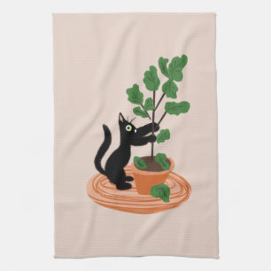 Funny Cat Fig Tree Potted Plants Hand Drawn Kitchen Towel
