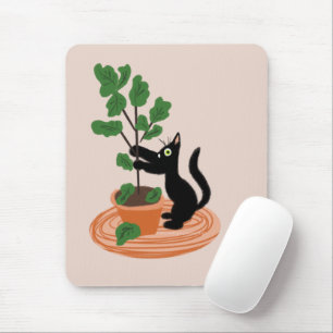 Funny Cat Fig Tree Potted Plants Hand Drawn Mouse Pad