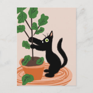 Funny Cat Fig Tree Potted Plants Hand Drawn Postcard