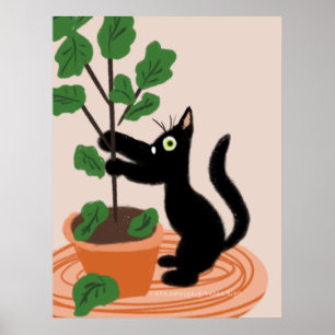 Funny Cat Fig Tree Potted Plants Hand Drawn  Poster