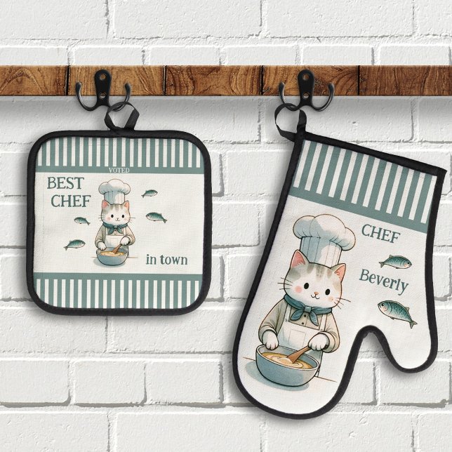 Funny Cat Fish Seafood Chef Oven Mitt & Pot Holder Set (Nautical funny cat oven mitt and pot holder set featuring a cute kitty preparing fish)