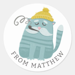 Funny Cat Fisherman & Sailor. Nautical Party Favor Classic Round Sticker