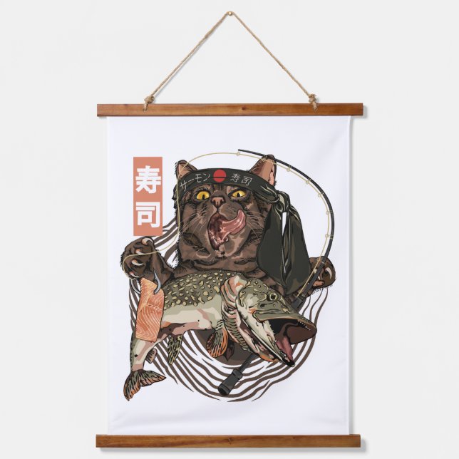 Funny Cat Fishing Japanese  Hanging Tapestry (Front)