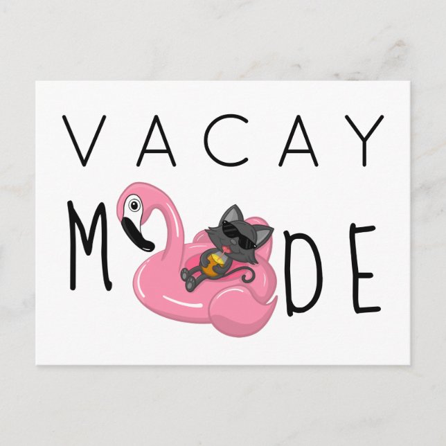 Funny Cat Flamingo Vacay Mode Vacation Postcard (Front)